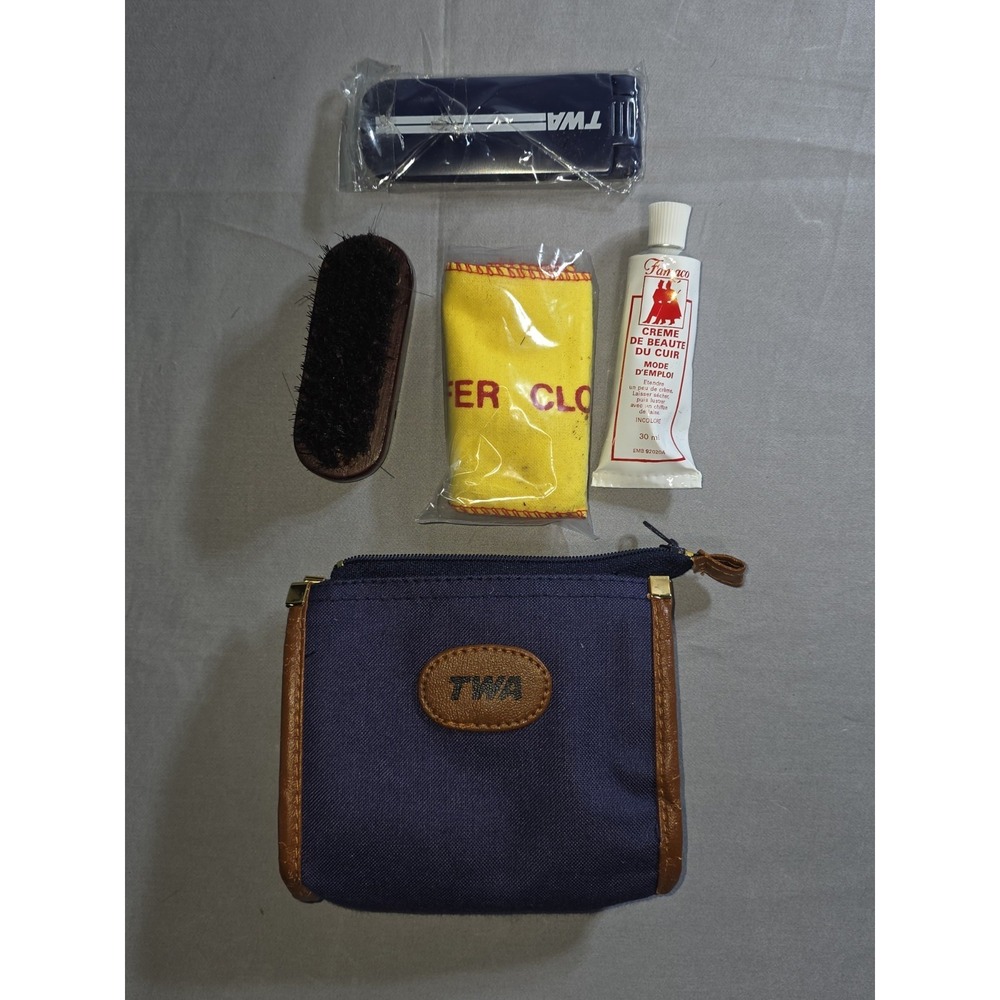 TWA Vintage Travel Shoe Shine Kit Zipper Pouch Brush Cloth Leather Cream Comb